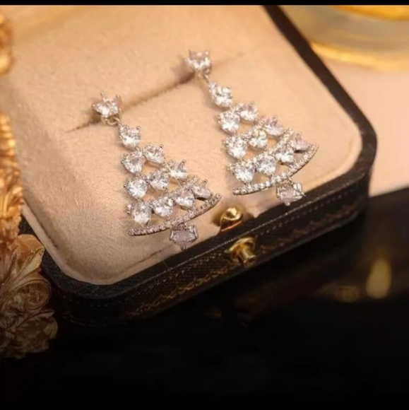 Silver Rhinestone Christmas Tree Heart Star Dangle Drop Earrings - Picture 7 of 8